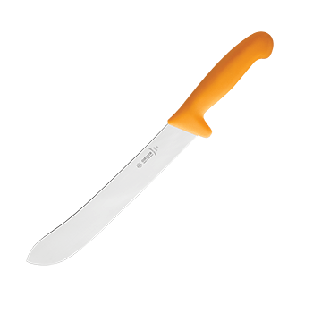 Нож для нарезки мяса; сталь нерж., пластик; L=425/295, B=35мм; желт., металлич.