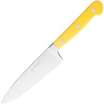 Нож поварской; сталь нерж., пластик; L=275/150, B=35мм; желт., металлич.