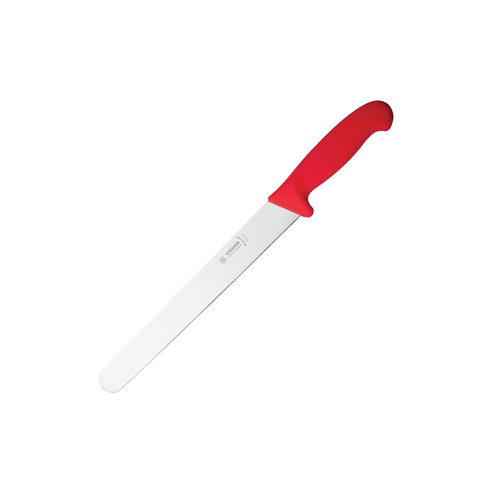 Нож для тонкой нарезки; сталь нерж., пластик; L=38/24, B=3см; красный, металлич.