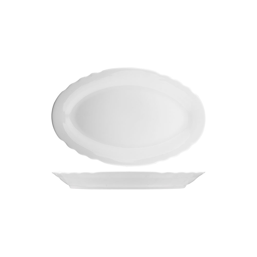 Блюдо овальное фигур. край; фарфор; 0, 9л; H=40, L=365, B=225мм; белый