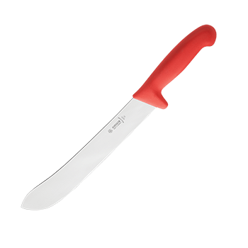 Нож для нарезки мяса; сталь нерж., пластик; L=480/295, B=38мм; красный, металлич.