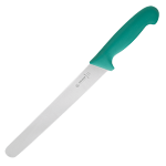 Нож для тонкой нарезки; сталь нерж., пластик; L=38/24, B=3см; зелен., металлич.
