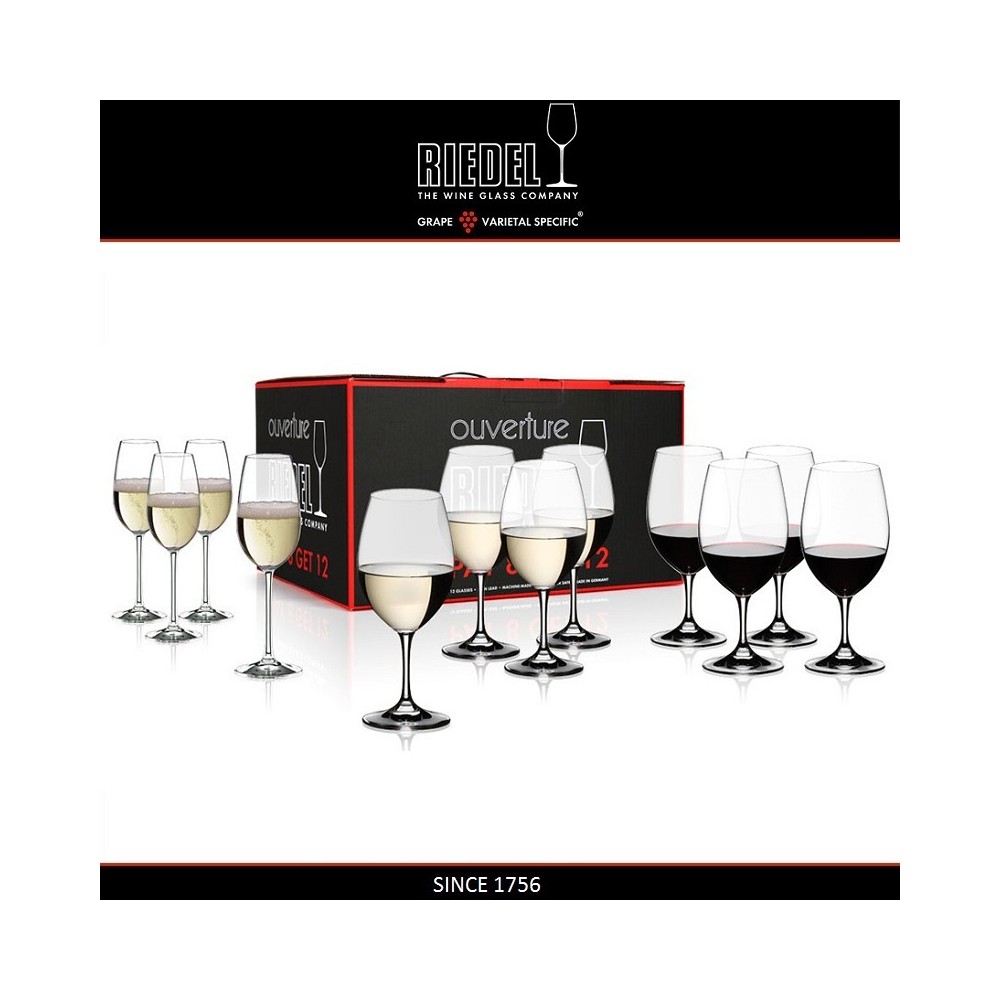 Большой набор бокалов "PAY 9 GET 12" для красных, белых вин и шампанского, машинная выдувка, OUVERTURE, RIEDEL