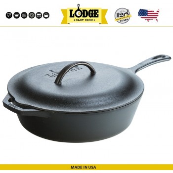 Сковорода глубокая с чугунной крышкой, две ручки, D 30 см, литой чугун, Lodge