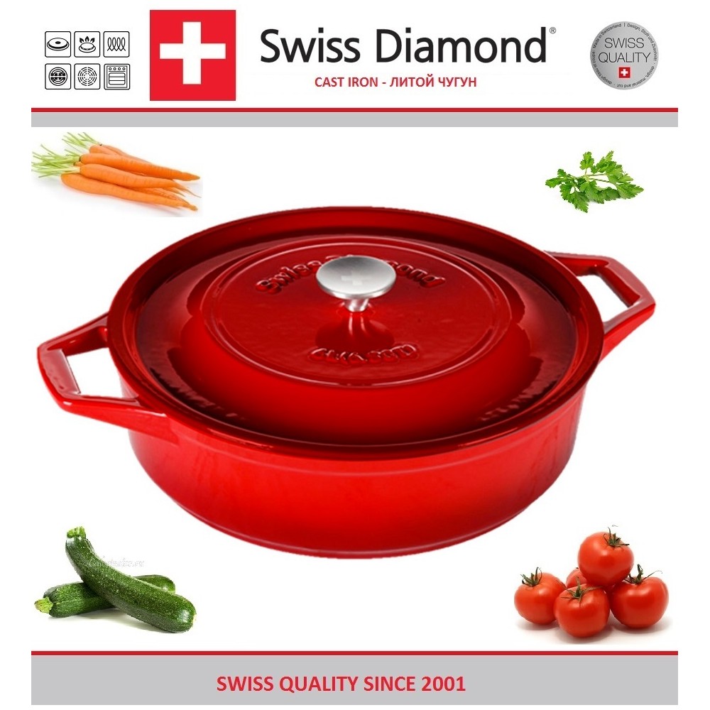 Сотейник чугунный, 6 л, L 32 см, эмалевое покрытие, цвет красный, серия Prestige Cast, Swiss Diamond