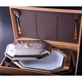 Блюдо для горячего с крышкой и фарфоровой вставкой с вилкой и ложкой Dubai Gold, фарфор, позолота, Giorinox