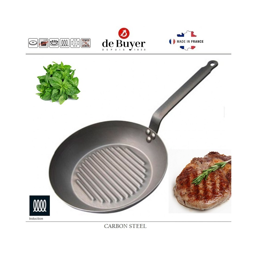 Профессиональная сковорода-гриль Carbone Plus, D 26 см, карбоновая сталь, de Buyer