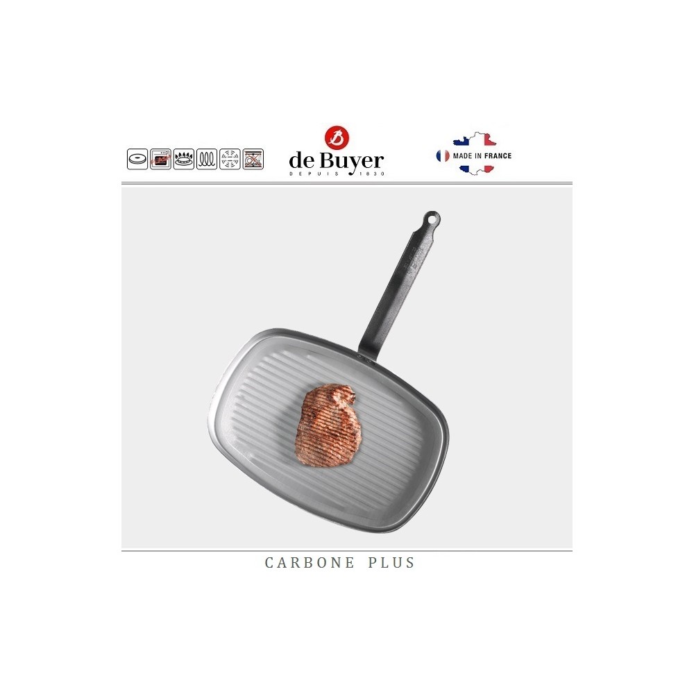 Профессиональная сковорода-гриль Carbone Plus, L 38 см, W 26 см, карбоновая сталь, de Buyer