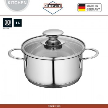 Кастрюля с крышкой, 1 л, D 14 см, нержавеющая сталь 18/10, закаленное стекло, Kuchenprofi