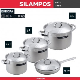 Набор посуды EUROPA, 4 предмета + 4 крышки, индукционное дно, сталь 18/10, Silampos