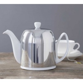 Заварочный чайник Salam с ситечком и войлочной вставкой, на 8 чашек, 1,3 л, фарфор белый, зеркальная сталь, Guy Degrenne