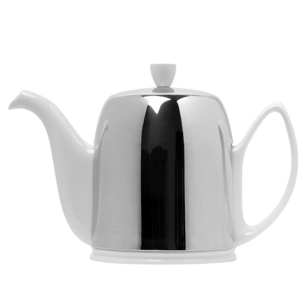 Заварочный чайник Salam с ситечком и войлочной вставкой, на 8 чашек, 1,3 л, фарфор белый, зеркальная сталь, Guy Degrenne
