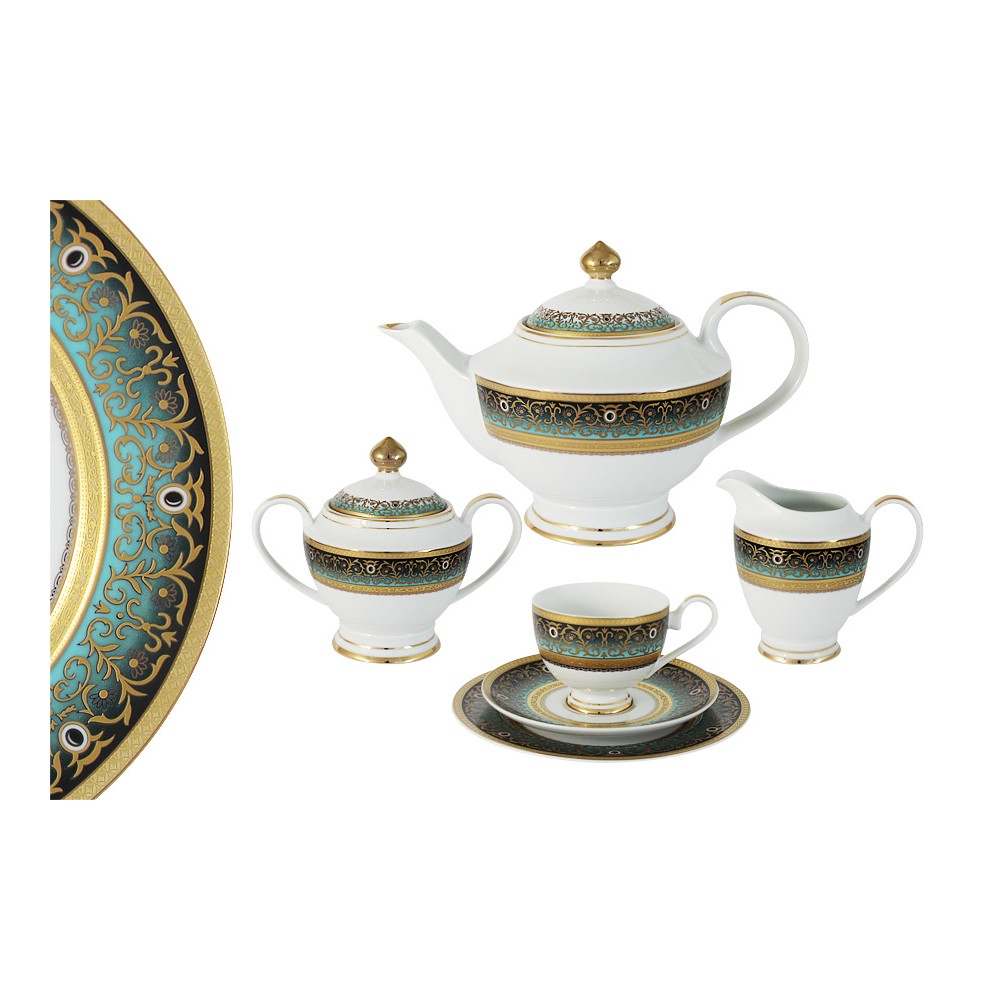 Чайный сервиз на 12 персон, 42 предмета, костяной фарфор, серия Принц (бирюза), Shibata