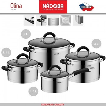 Набор посуды OLINA, индукционное дно, 8 предметов, нержавеющая сталь 18/10, Nadoba