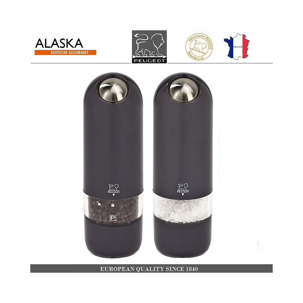 Набор автоматических мельниц Alaska для соли и перца, подсветка, черный, PEUGEOT