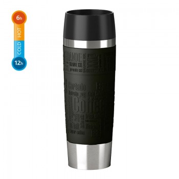 Термокружка TRAVEL MUG Grande, 0,5 л, сталь 18/10, пищевой силикон, черный, серия Let's Go, Emsa