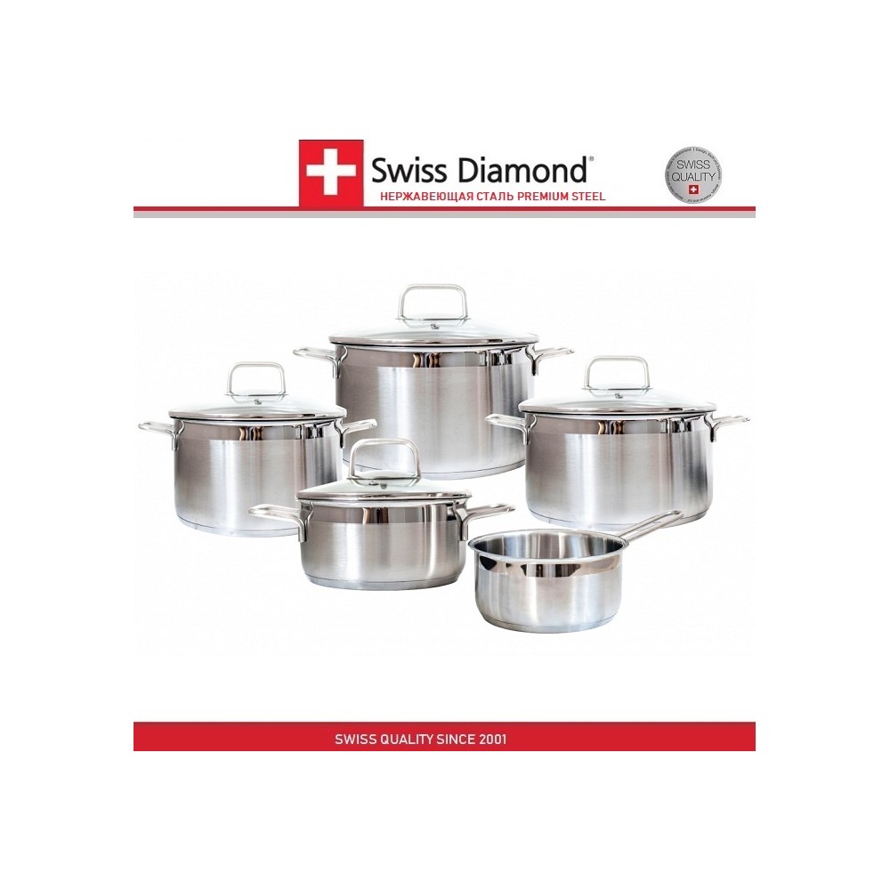 Набор посуды SD PS SET L5, 5 предметов и 4 крышки, сталь нержавеющая 18/10, серия PREMIUM STEEL, Swiss Diamond