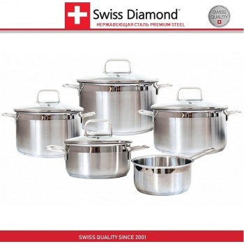 Набор посуды SD PS SET L5, 5 предметов и 4 крышки, сталь нержавеющая 18/10, серия PREMIUM STEEL, Swiss Diamond