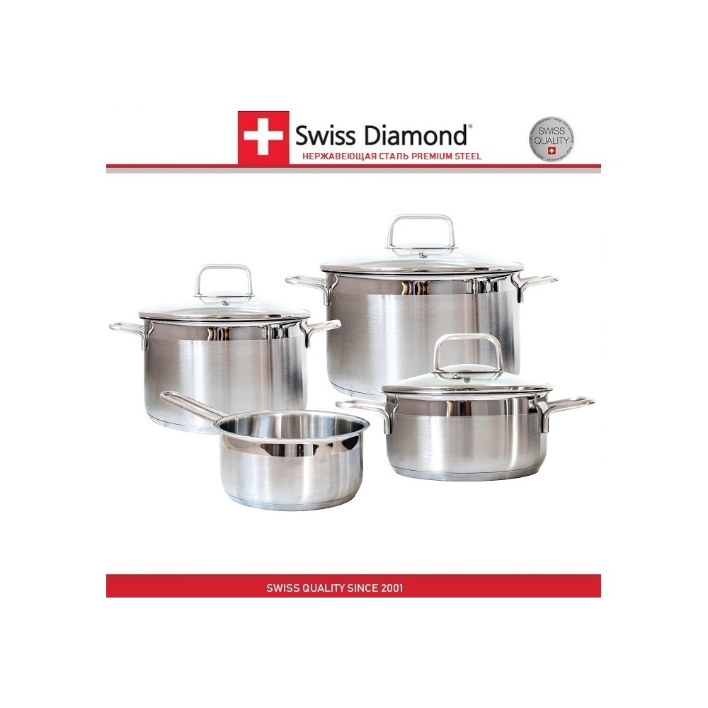 Набор посуды, 4 предмета и 3 крышки, сталь нержавеющая 18/10, серия PREMIUM STEEL, Swiss Diamond
