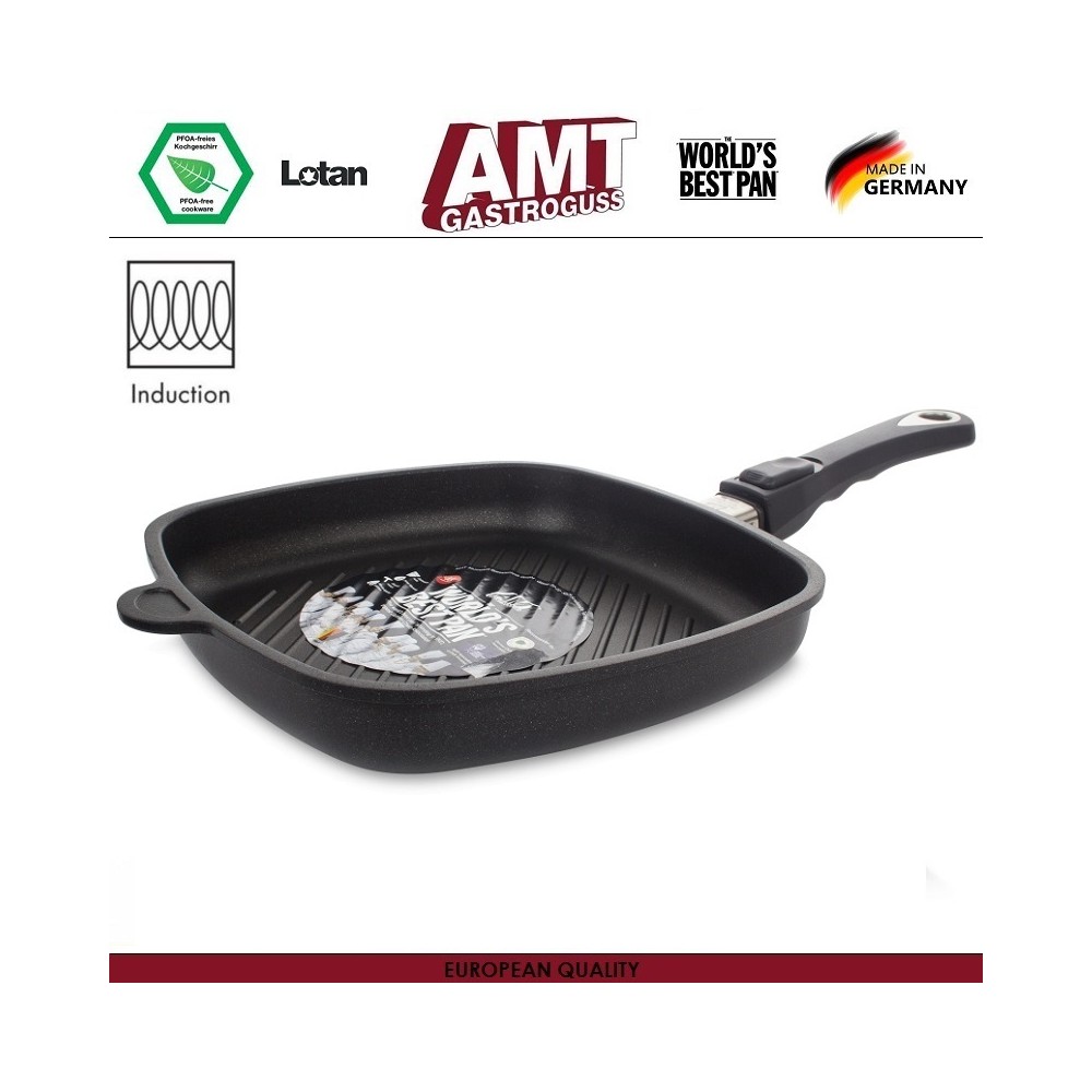 Антипригарная сковорода-гриль Diamond Induction для плиты и духовки, 28 х 28 см, H 5 см, индукционное дно, съемная ручка, AMT