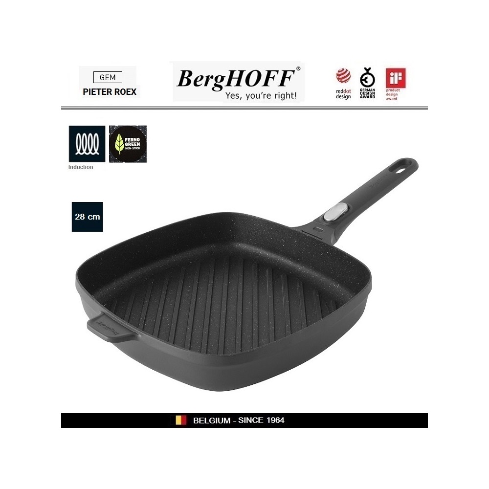 GEM Антипригарная сковорода-гриль для плиты и духовки со съемной ручкой, 28x28 см, BergHOFF