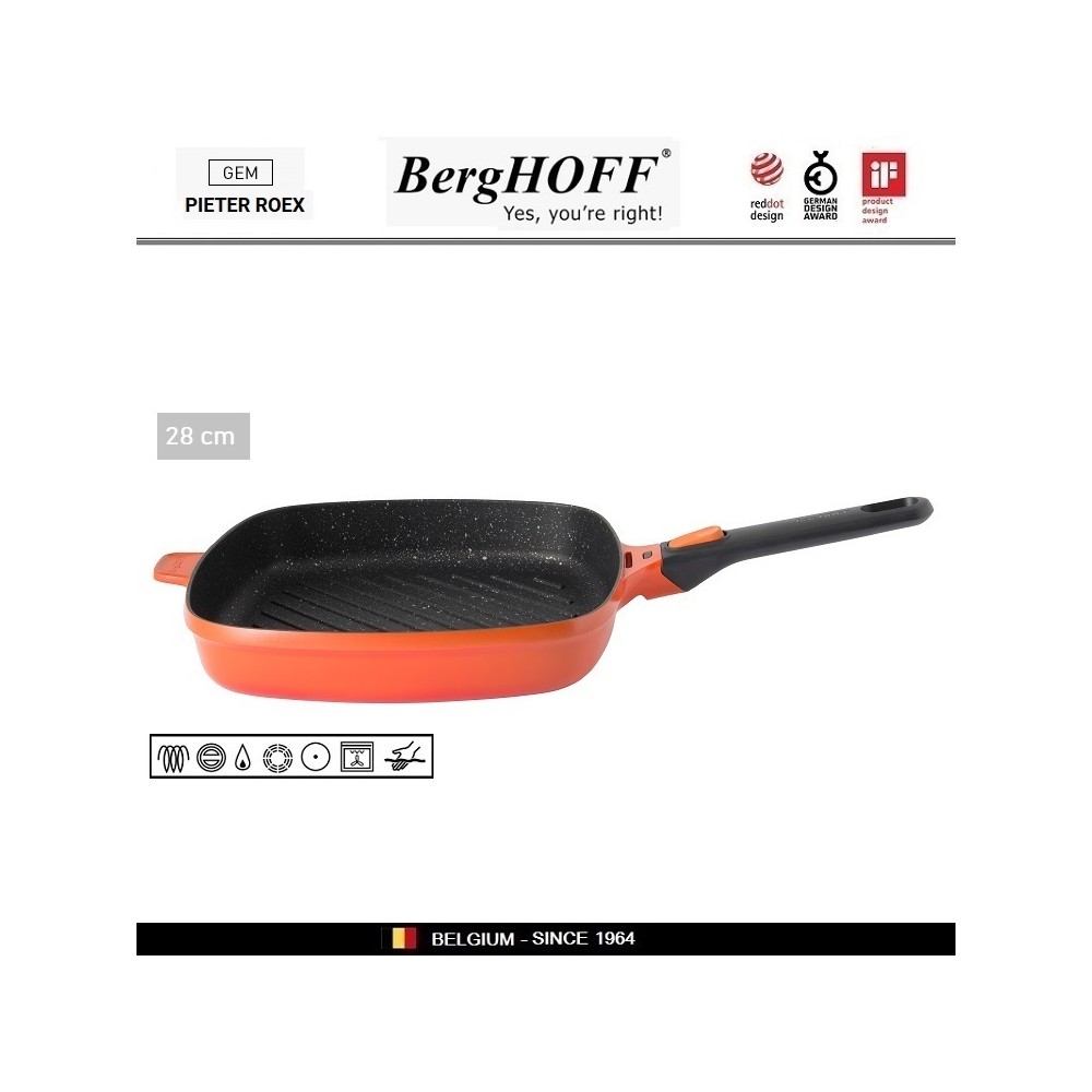 GEM Red Антипригарная сковорода-гриль со съемной ручкой, 28 см, BergHOFF