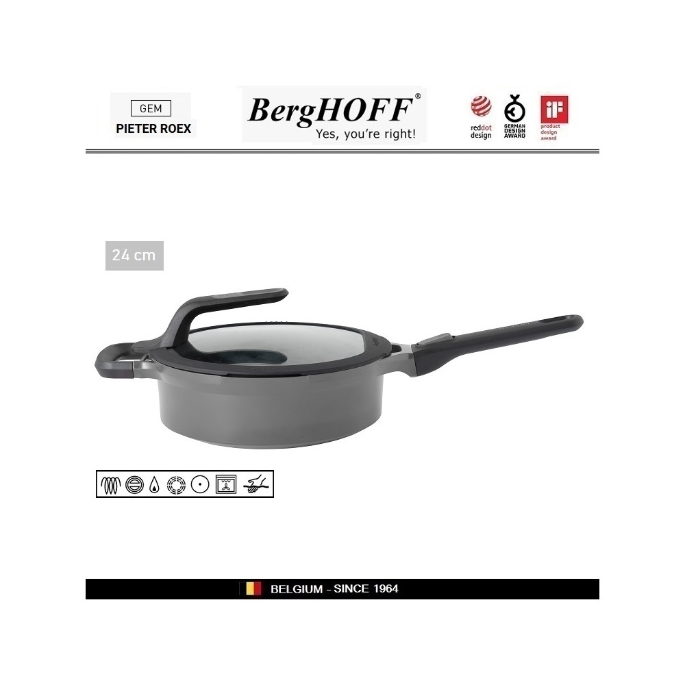 GEM Grey Антипригарная сковорода-сотейник со съемной ручкой, 3.3 л, D 24 см, BergHOFF