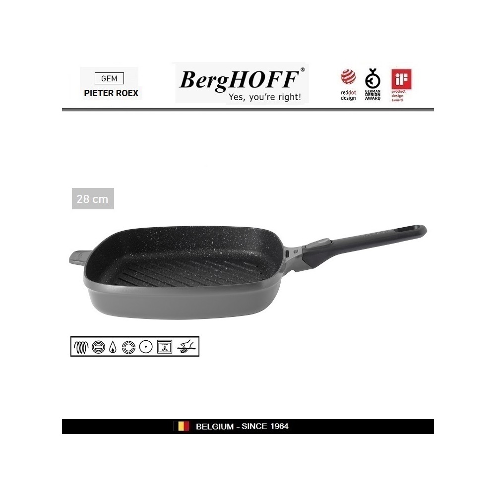 GEM Grey Антипригарная сковорода-гриль со съемной ручкой, 28 см, BergHOFF
