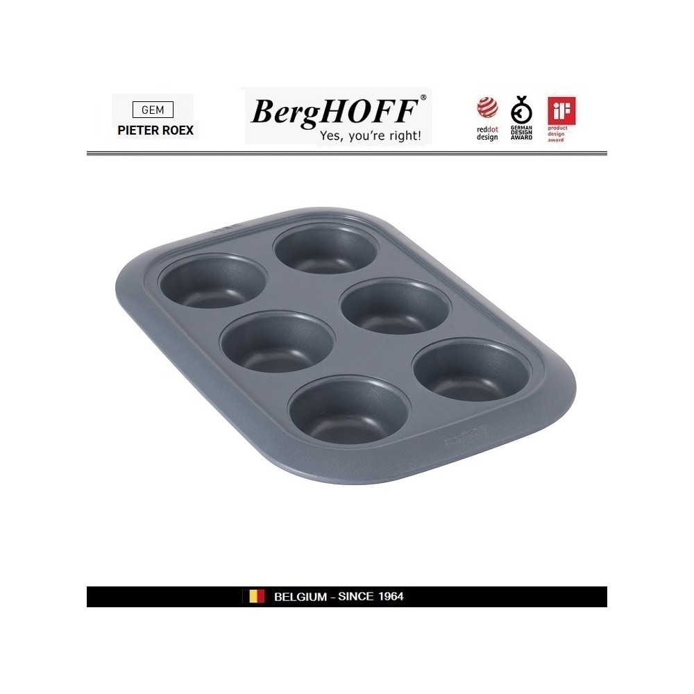 GEM Антипригарная форма для кексов, 6 ячеек - 6.5 х 2.5 см, углеродистая сталь, BergHOFF
