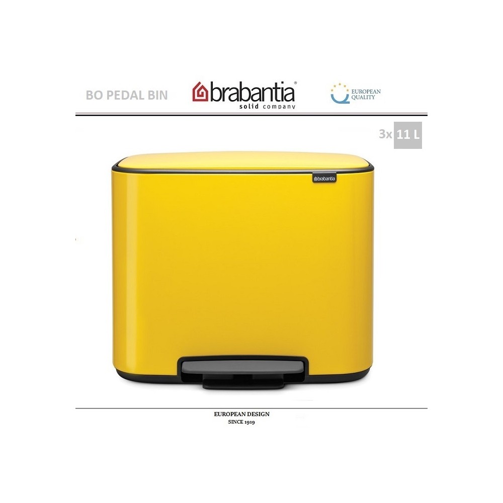 Бак мусорный BO PEDAL BIN тройной с педалью, 11 л + 11 л + 11 л, цвет желтый, Brabantia