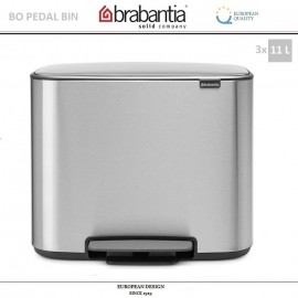 Бак мусорный BO PEDAL BIN тройной с педалью, 11 л + 11 л + 11 л, цвет стальной матовый, Brabantia