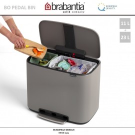 Бак мусорный BO PEDAL BIN двойной с педалью, 11 л + 23 л, цвет серый, Brabantia