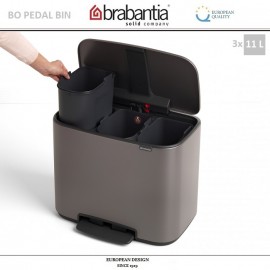 Бак мусорный BO PEDAL BIN тройной с педалью, 11 л + 11 л + 11 л, цвет платиновый, Brabantia