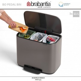 Бак мусорный BO PEDAL BIN тройной с педалью, 11 л + 11 л + 11 л, цвет платиновый, Brabantia