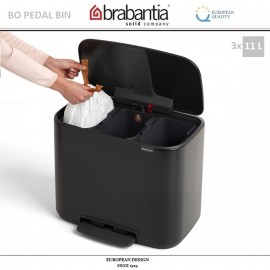 Бак мусорный BO PEDAL BIN тройной с педалью, 11 л + 11 л + 11 л, цвет черный, Brabantia