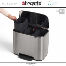 Бак мусорный BO PEDAL BIN тройной с педалью, 11 л + 11 л + 11 л, цвет стальной матовый, Brabantia