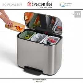 Бак мусорный BO PEDAL BIN тройной с педалью, 11 л + 11 л + 11 л, цвет стальной матовый, Brabantia
