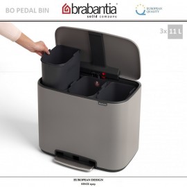Бак мусорный BO PEDAL BIN тройной с педалью, 11 л + 11 л + 11 л, цвет серый, Brabantia