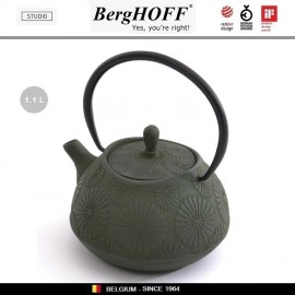 Заварочный чайник STUDIO чугунный с ситечком, 1.1 л, цвет темно-зеленые цветы, BergHOFF