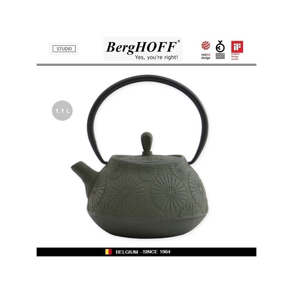 Заварочный чайник STUDIO чугунный с ситечком, 1.1 л, цвет темно-зеленые цветы, BergHOFF