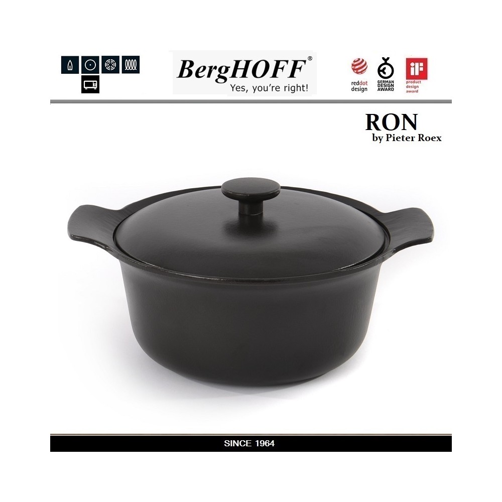 Кастрюля-жаровня RON чугунная для плиты и духовки, 4.2 л, 24 см, цвет черный, BergHOFF
