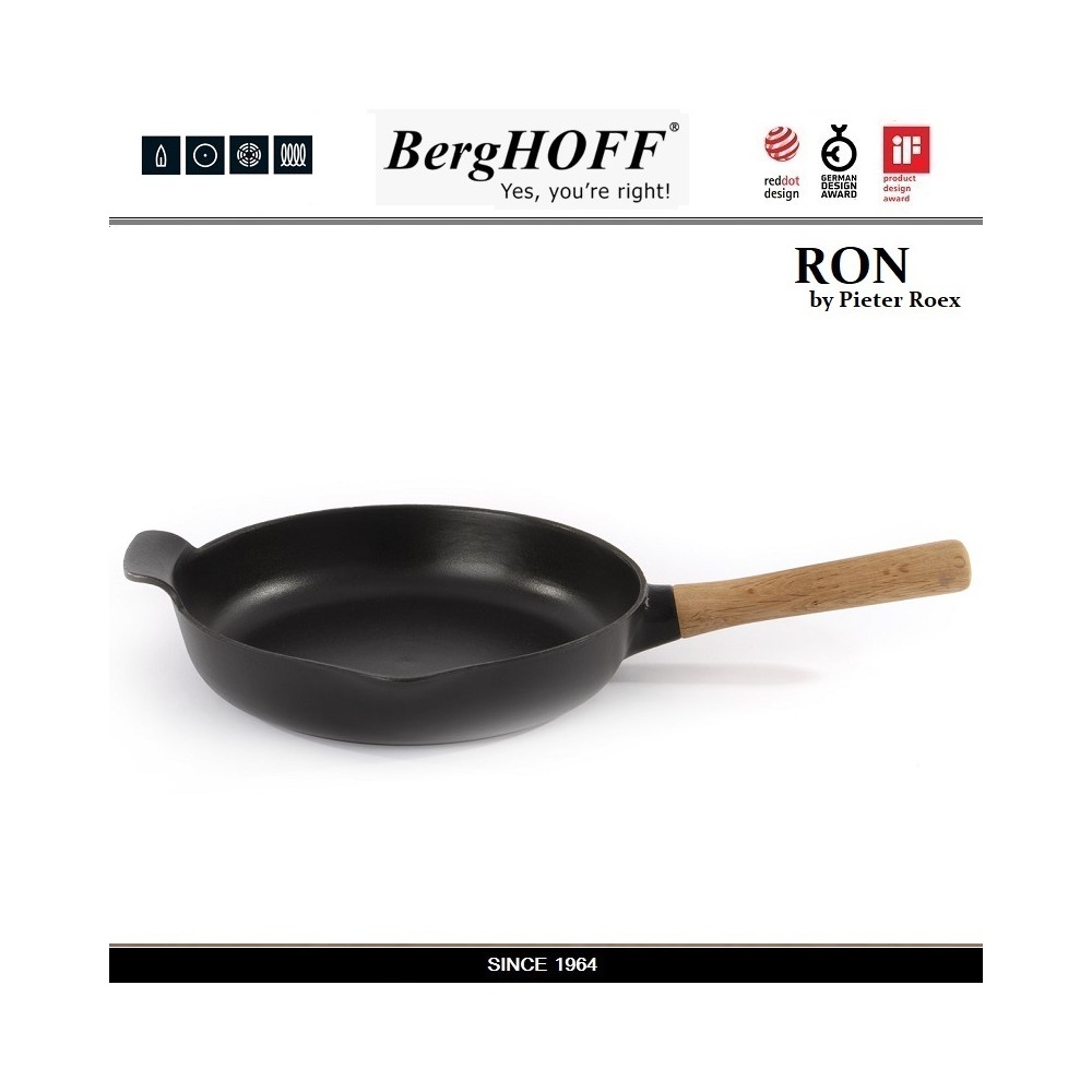 Сковорода RON чугунная с эмалевым покрытием, D 26 см, индукционное дно, цвет черный, BergHOFF