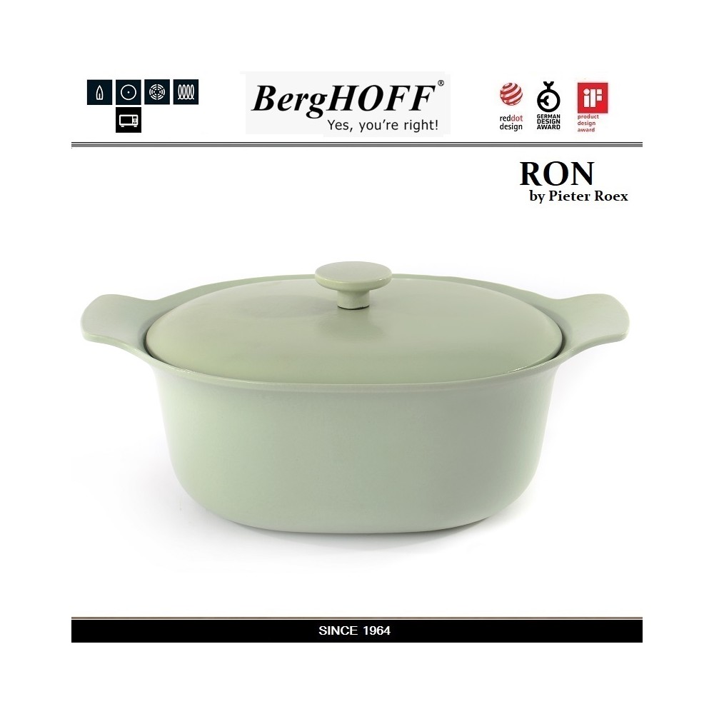 Кастрюля-жаровня RON чугунная овальная для плиты и духовки, 5.2 л, 28 см, цвет зеленый, BergHOFF