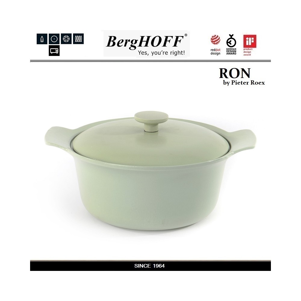 Кастрюля-жаровня RON чугунная для плиты и духовки, 4.2 л, 24 см, цвет зеленый, BergHOFF