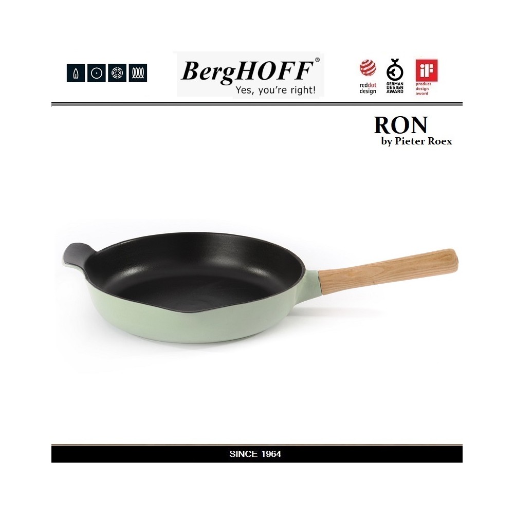 Сковорода RON чугунная с эмалевым покрытием, D 26 см, индукционное дно, цвет зеленый, BergHOFF