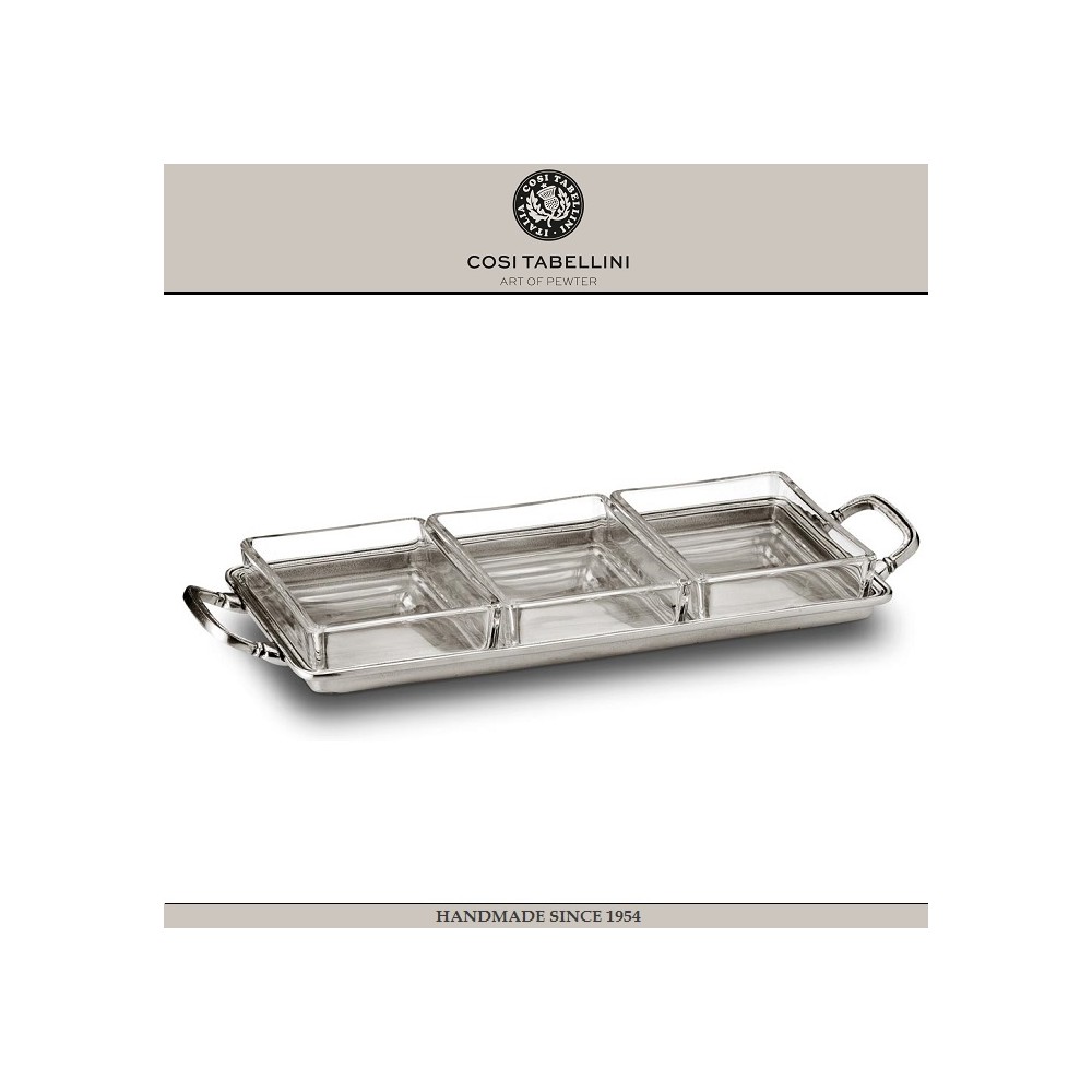 Менажница UMBRIA на 3 секции с ручками, 29 x 13.5 см, олово, стекло, Cosi Tabellini