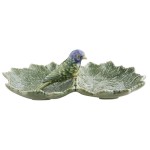 Блюдо двухсекционное "Листья с синей птичкой" 22 см, керамика ручной работы, Bordallo Pinheiro, Португалия