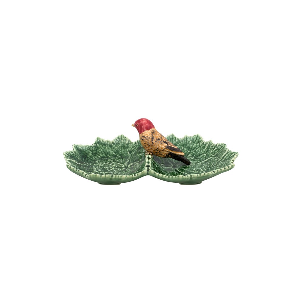 Блюдо двухсекционное "Листья с красной птичкой" 22 см, керамика ручной работы, Bordallo Pinheiro, Португалия