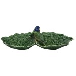 Блюдо двухсекционное "Листья с 2 синими птичками" 34 см, керамика ручной работы, Bordallo Pinheiro, Португалия