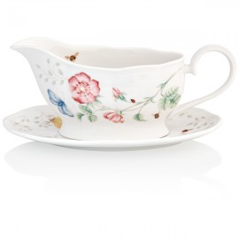 Соусник с подставкой 350мл "Бабочки на лугу", Фарфор, Lenox, США